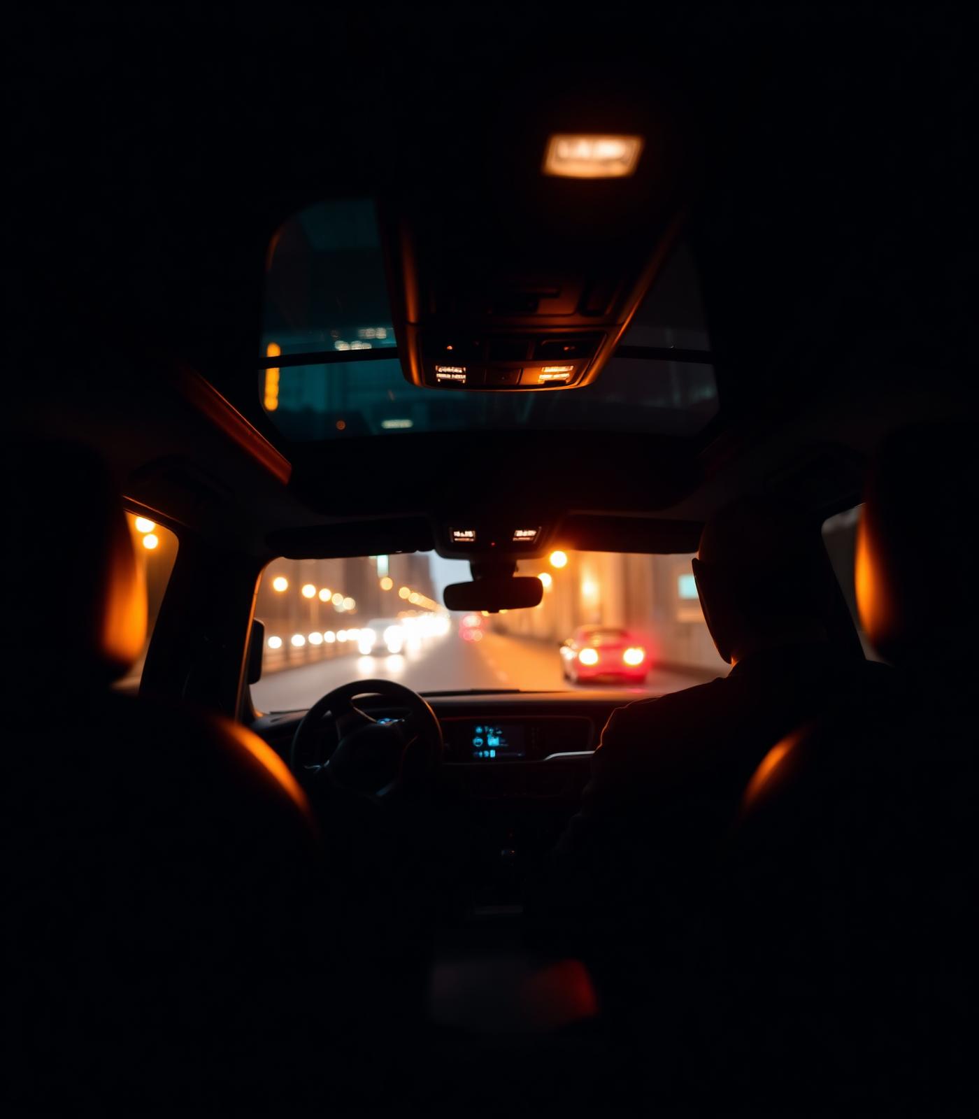 Interior of a black executive SUV at night with warm ambient lighting